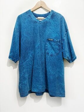 Vintage 90s Ezze Wear Acid Wash Crinkle Cotton Pocket Tee Blue Size Large Unisex